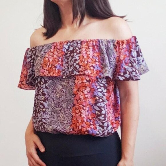 Anthropologie Mauve Chiffon Off The Shoulder Floral Blouse Top Women’s XS - Picture 2 of 8